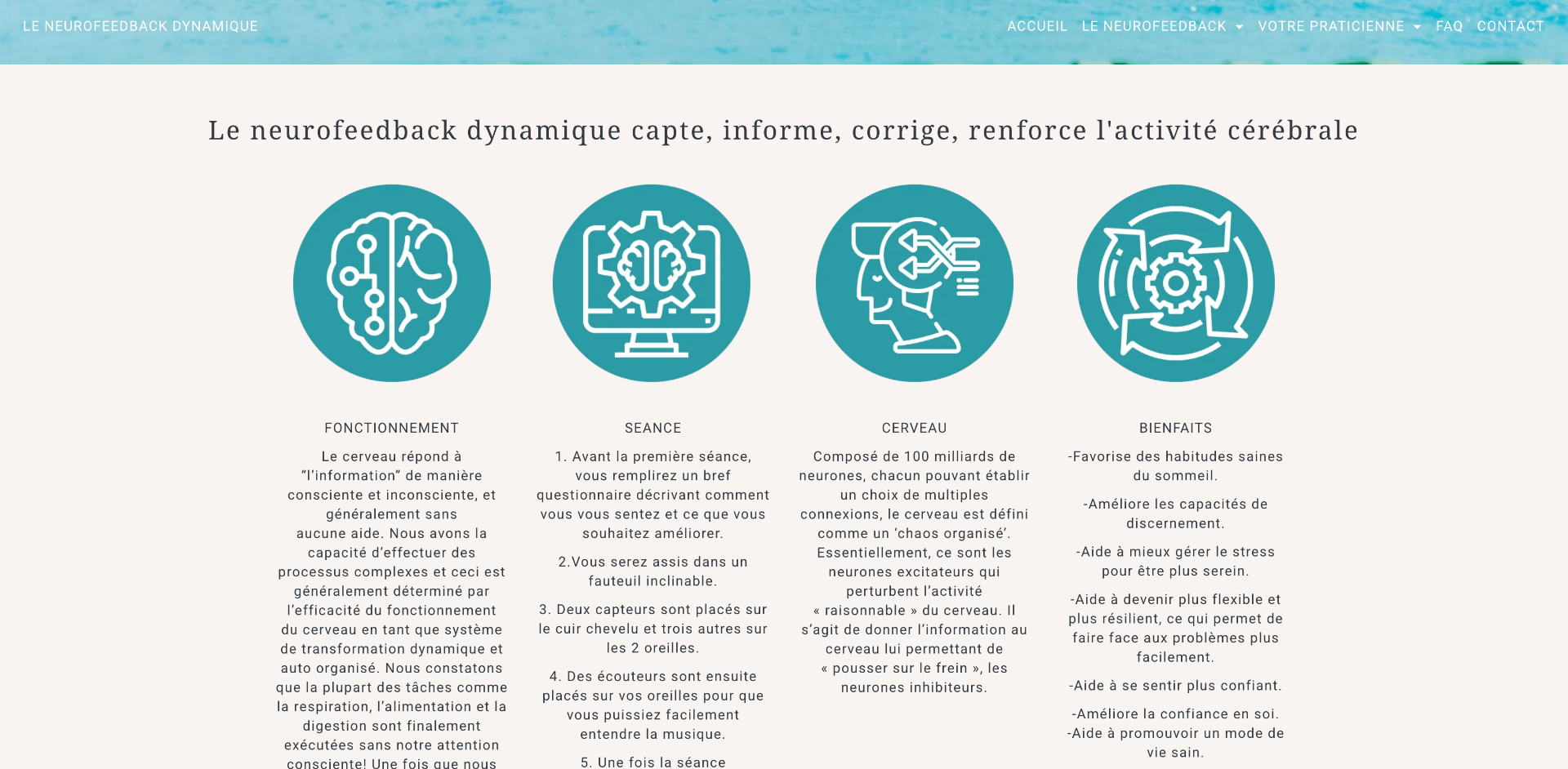 Four-column section explaining how dynamic neurofeedback works: Fonctionnement, Séance, Cerveau, Bienfaits