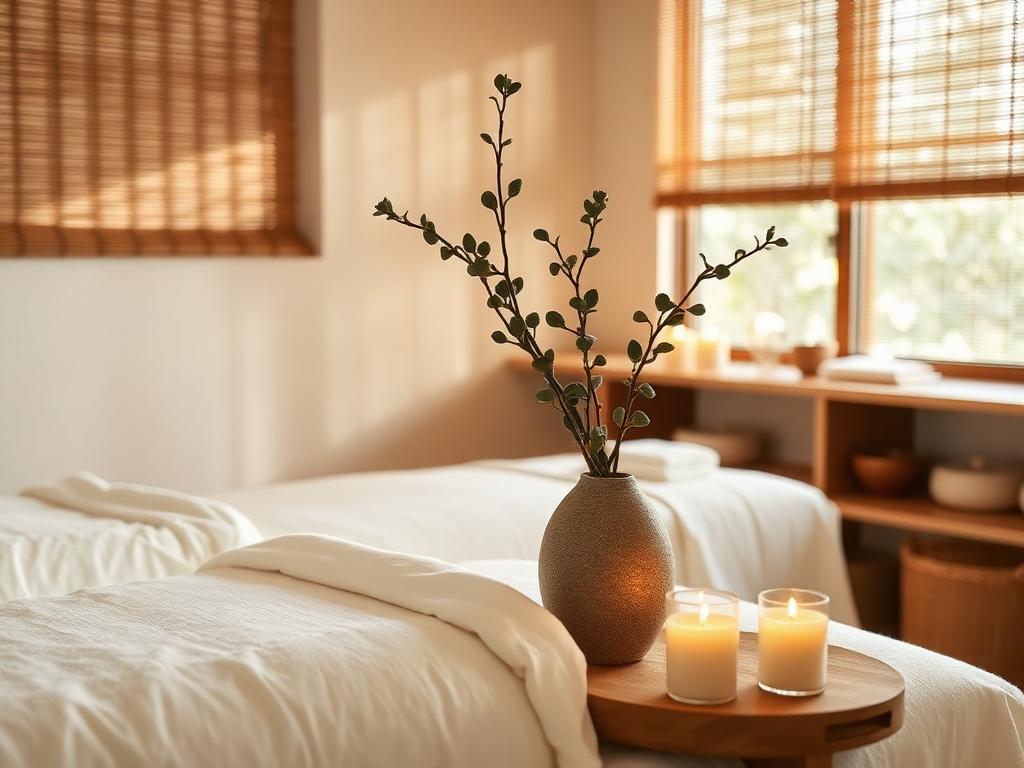Spa treatment room with eucalyptus and candles