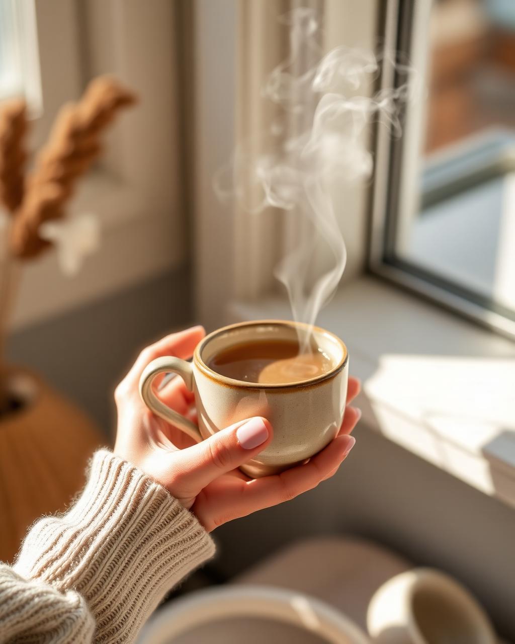 Hands cradling a warm ceramic cup in soft window light